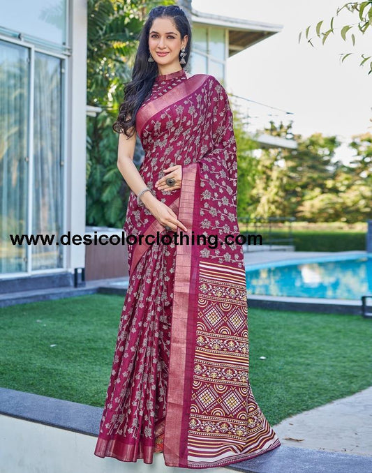 Wine Silk Printed Saree