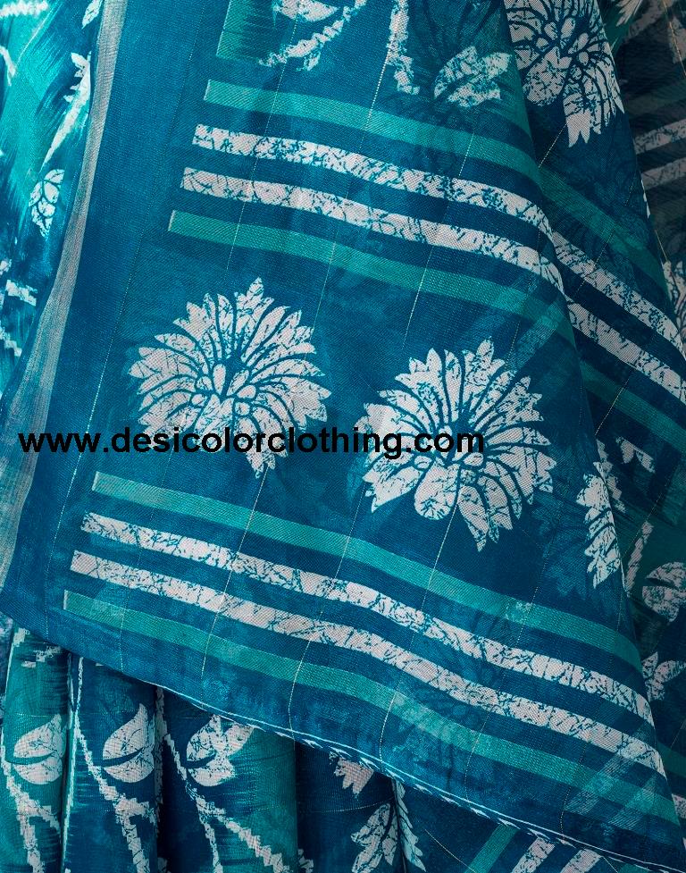 Teal Blue Cotton Zari Saree