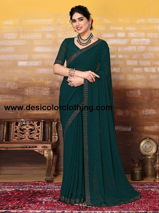 Dark Green Plain Georgette Saree
