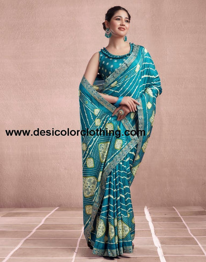 Teal Blue Silk Printed Saree