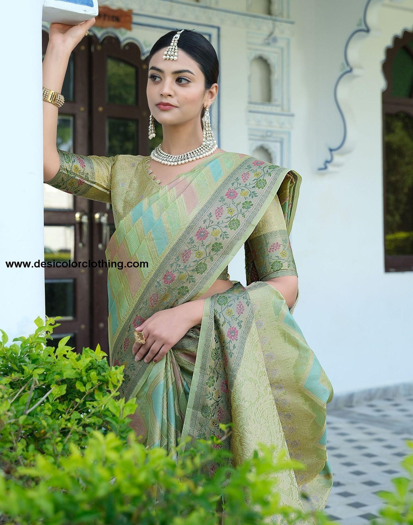 Pista Green Woven Banarasi Organza Saree