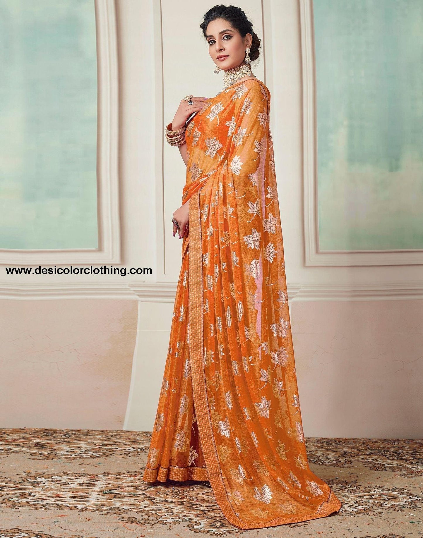 Orange Plain Lycra Saree