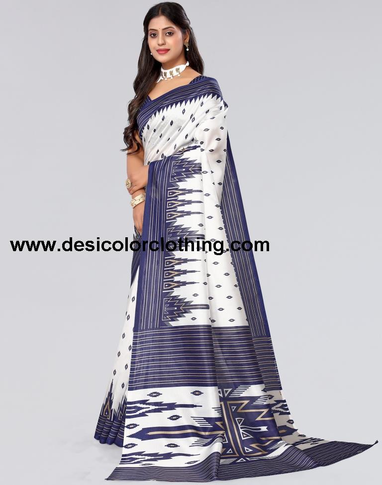 White Printed Silk Saree