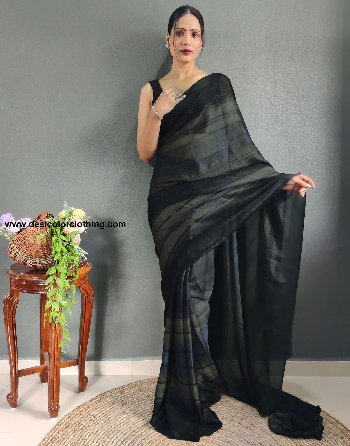 Baige Printed Georgette Pre-draped Saree