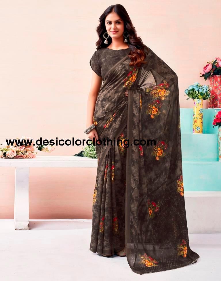 Brown Renial Printed  Saree