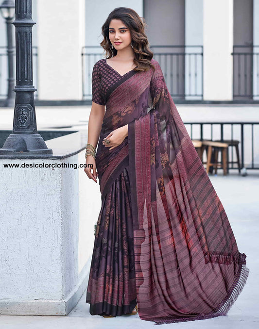Wine Georgette Printed Saree