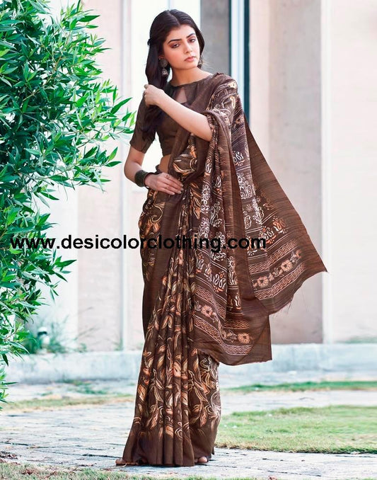 Brown Silk Printed Sarees