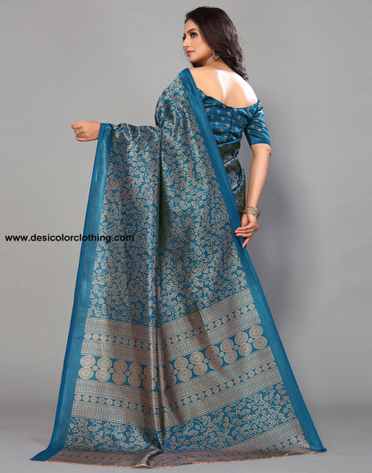 Teal Blue Silk Printed Saree