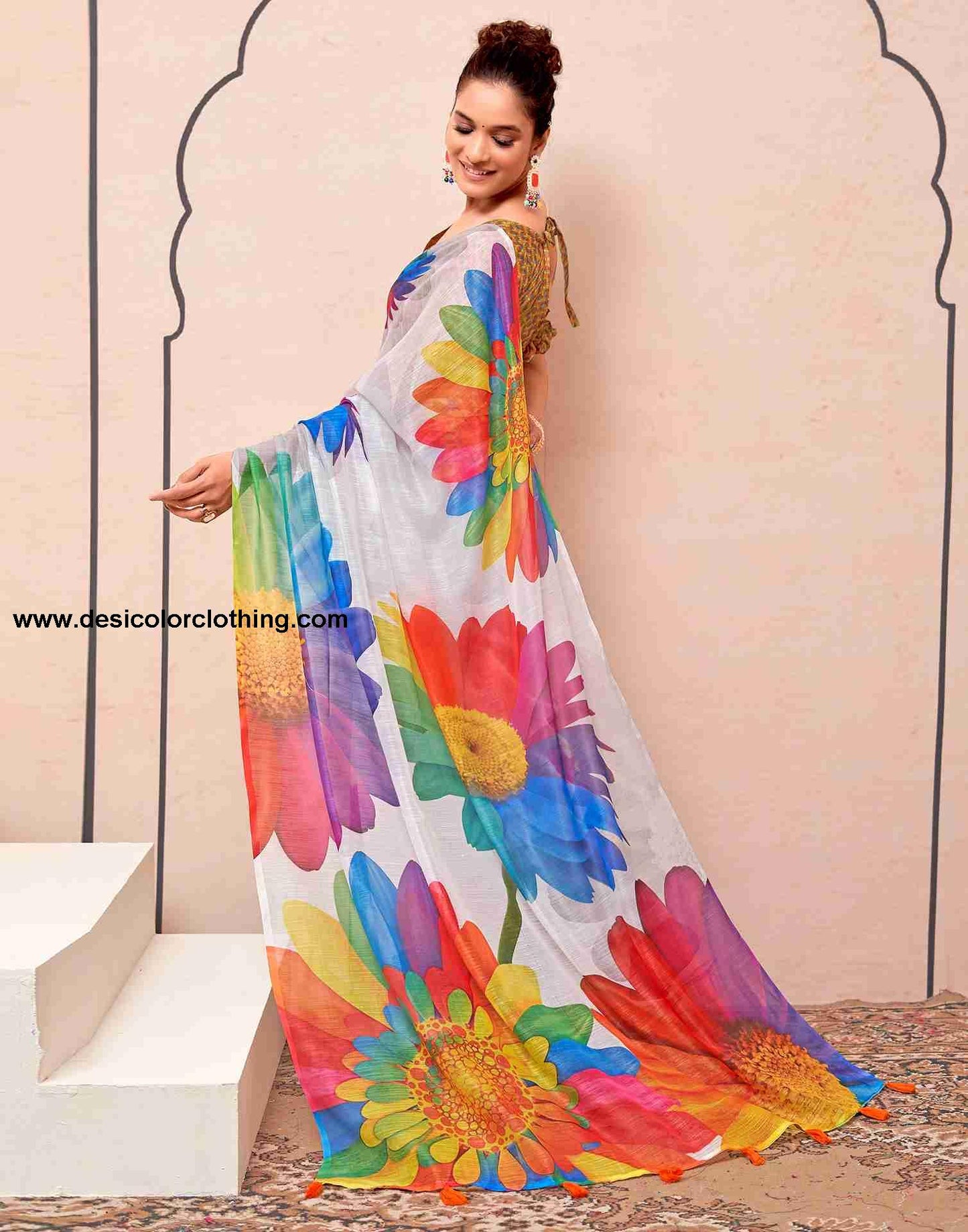 White Cotton Printed Saree