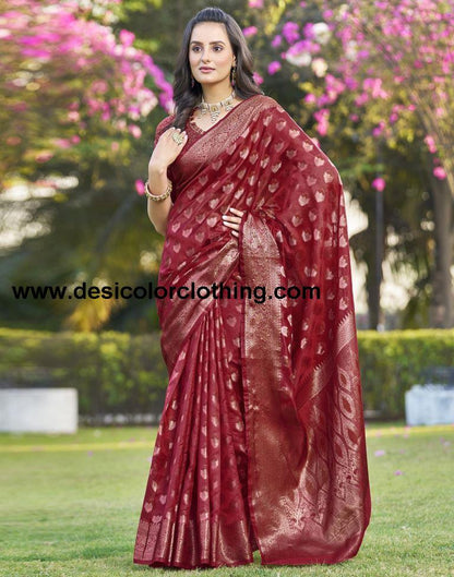 Red Organza Plain Saree
