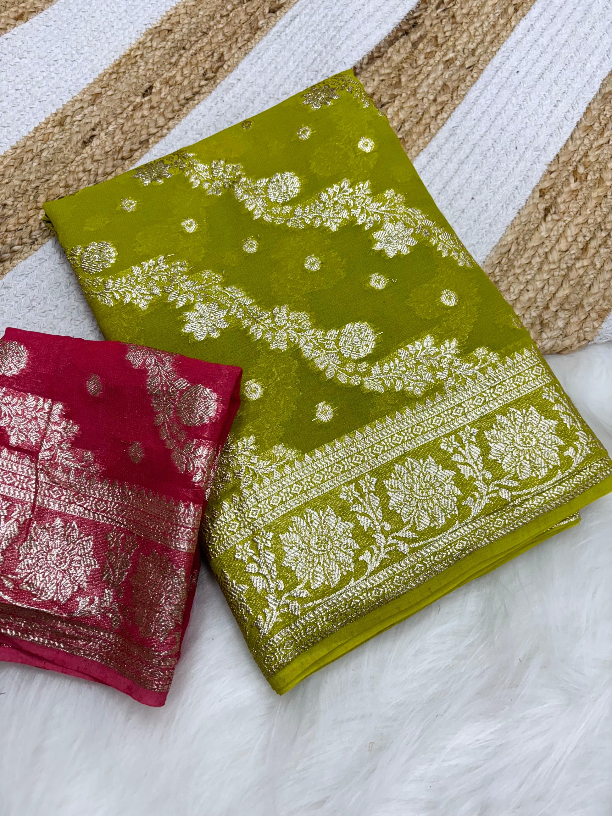 Product Image - Elegant Viscose Georgette Saree with Zari Weaving - Festive Wear