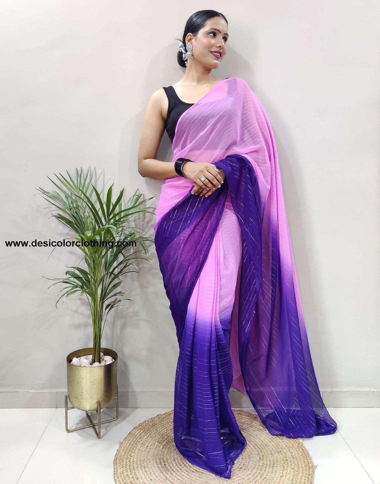 Pink Plain Georgette Pre-draped Saree