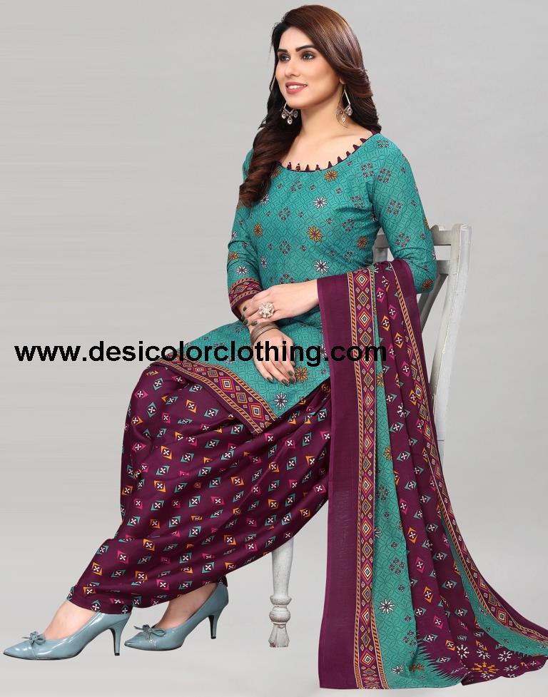 Turquoise Green Printed Cotton Unstitched Salwar Suit Material