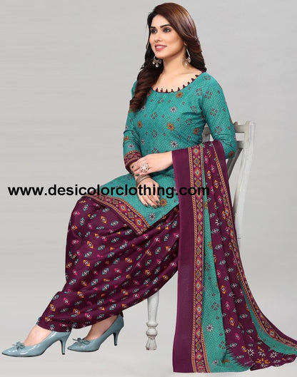 Turquoise Green Printed Cotton Unstitched Salwar Suit Material