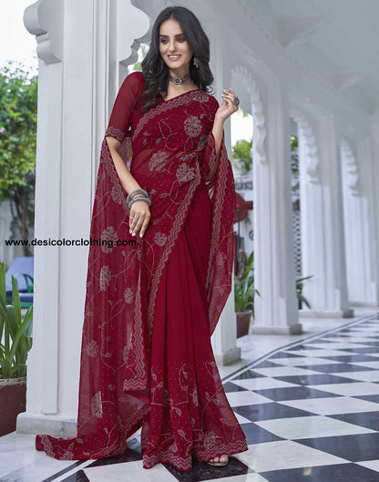 Red Swarovski Georgette Stone Work Saree