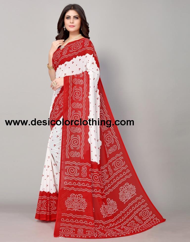 Red And White Bandhani Printed Saree