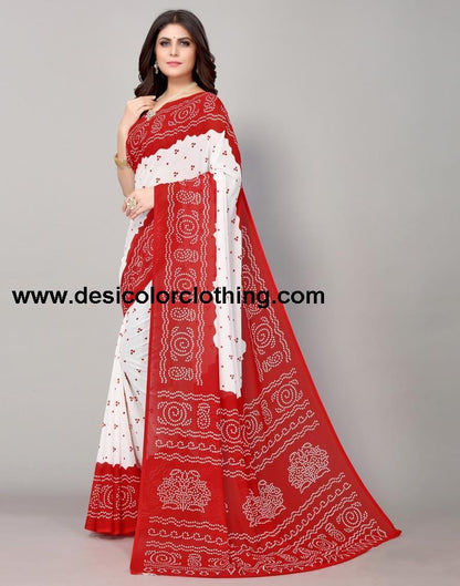 Red And White Bandhani Printed Saree
