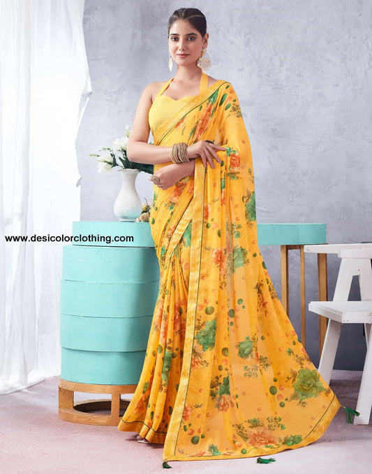 Yellow Printed Chiffon Saree