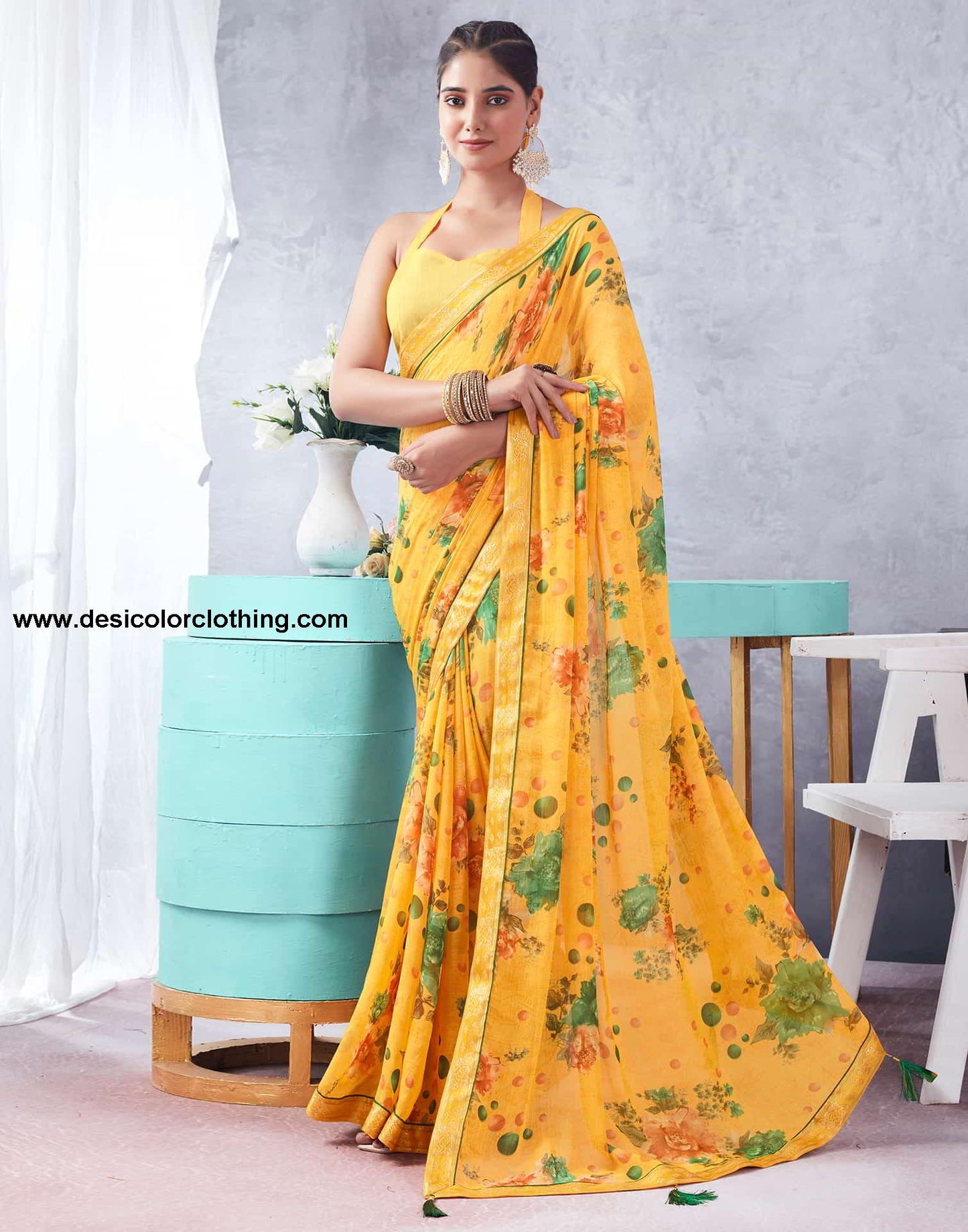 Yellow Printed Chiffon Saree