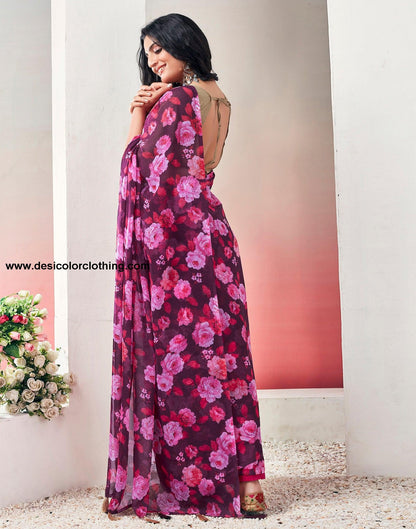 Wine Georgette Printed Ready to Wear Saree