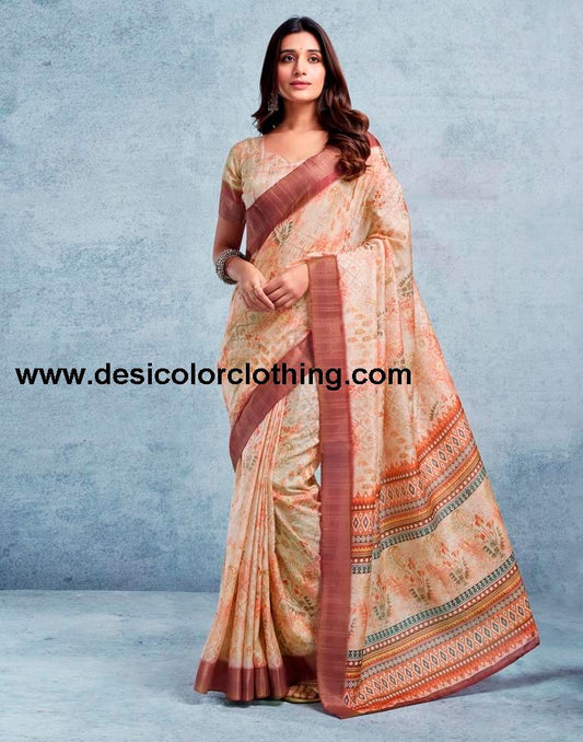 Cream Silk Printed  Saree