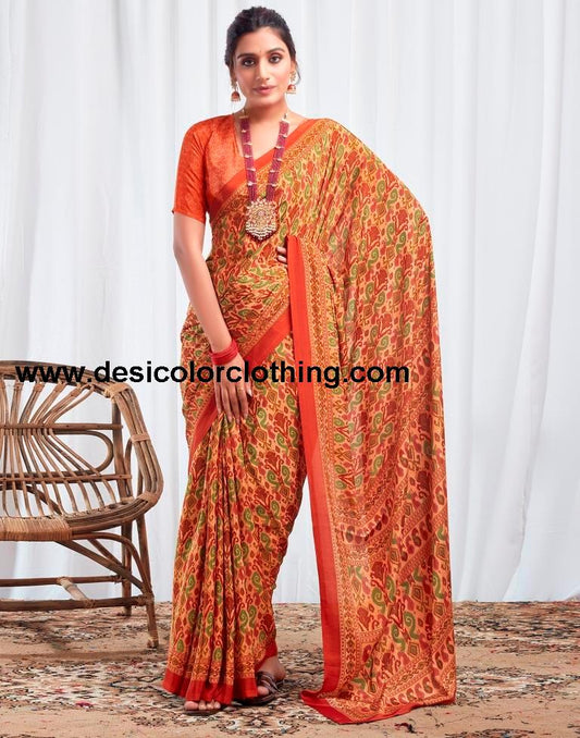 Rust Silk Printed Sarees