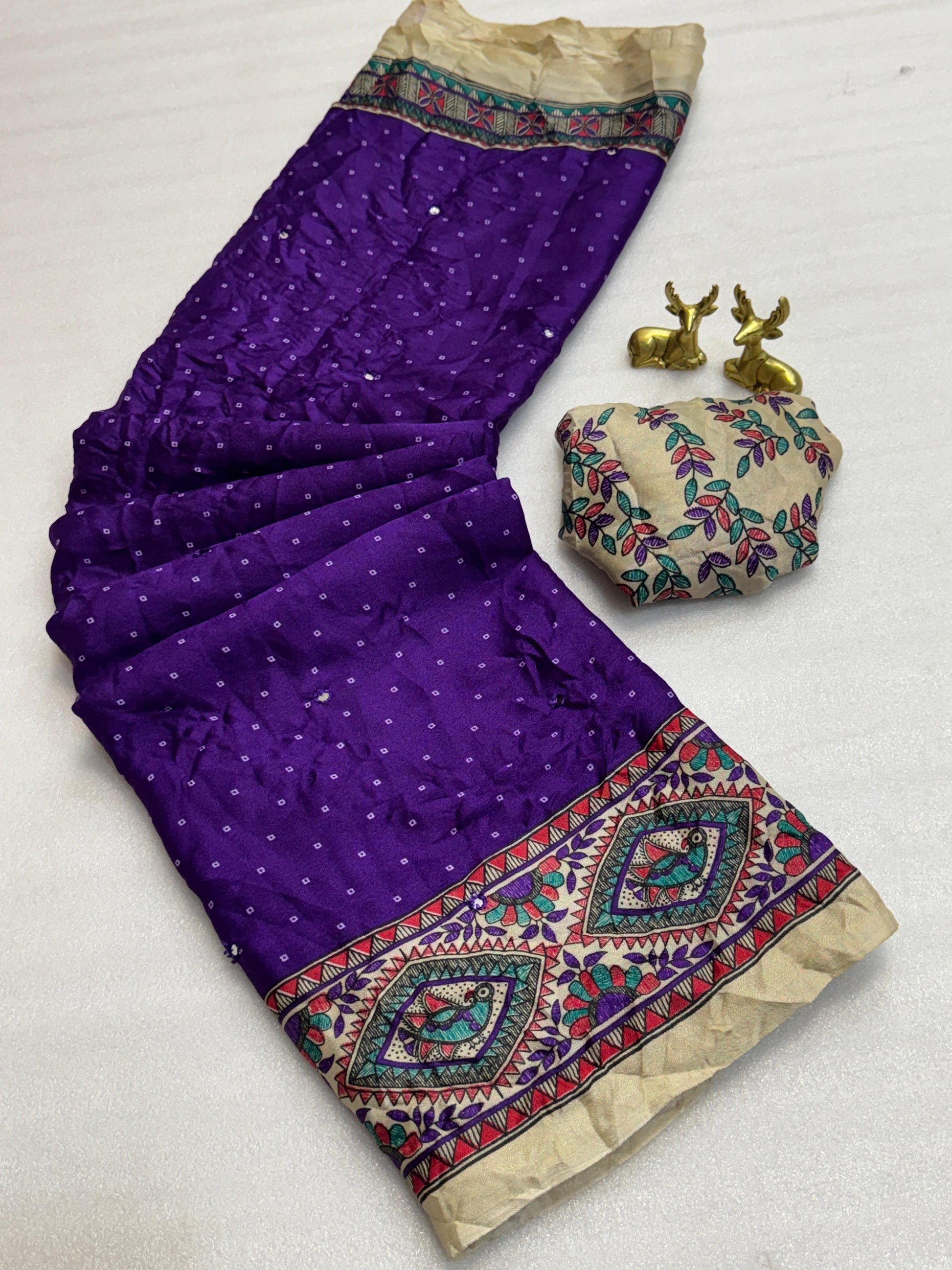 Product Image - Designer Kalamkari Bandhej Saree with Royal Mirror Work