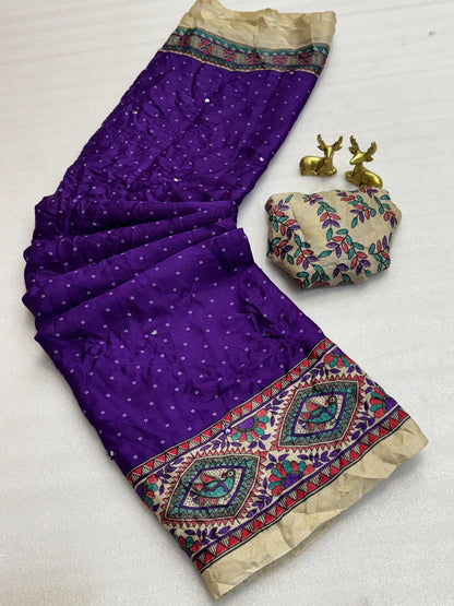Product Image - Designer Kalamkari Bandhej Saree with Royal Mirror Work
