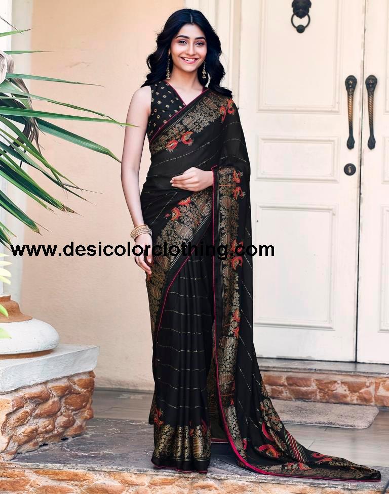 Black Cotton Printed Saree