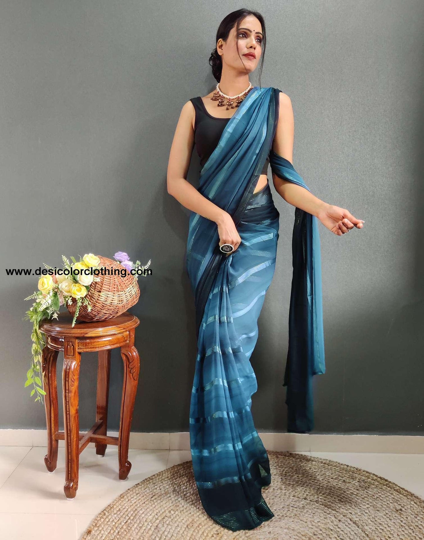 Teal Blue Weaving Georgette Pre-draped Saree