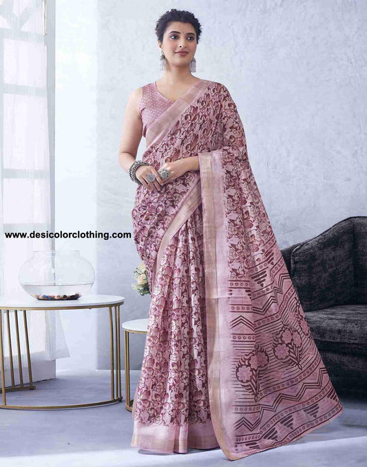 Pink Cotton Printed Saree