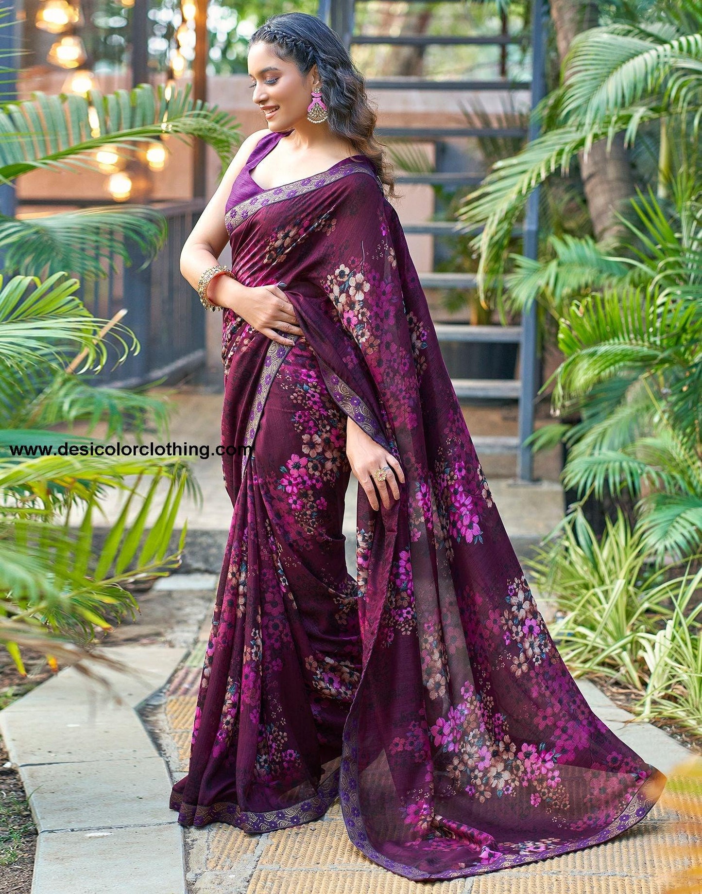 Wine Printed Silk Saree