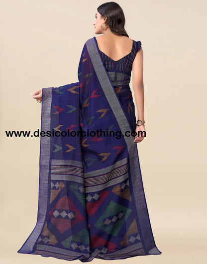 Dark Blue Cotton Printed Saree