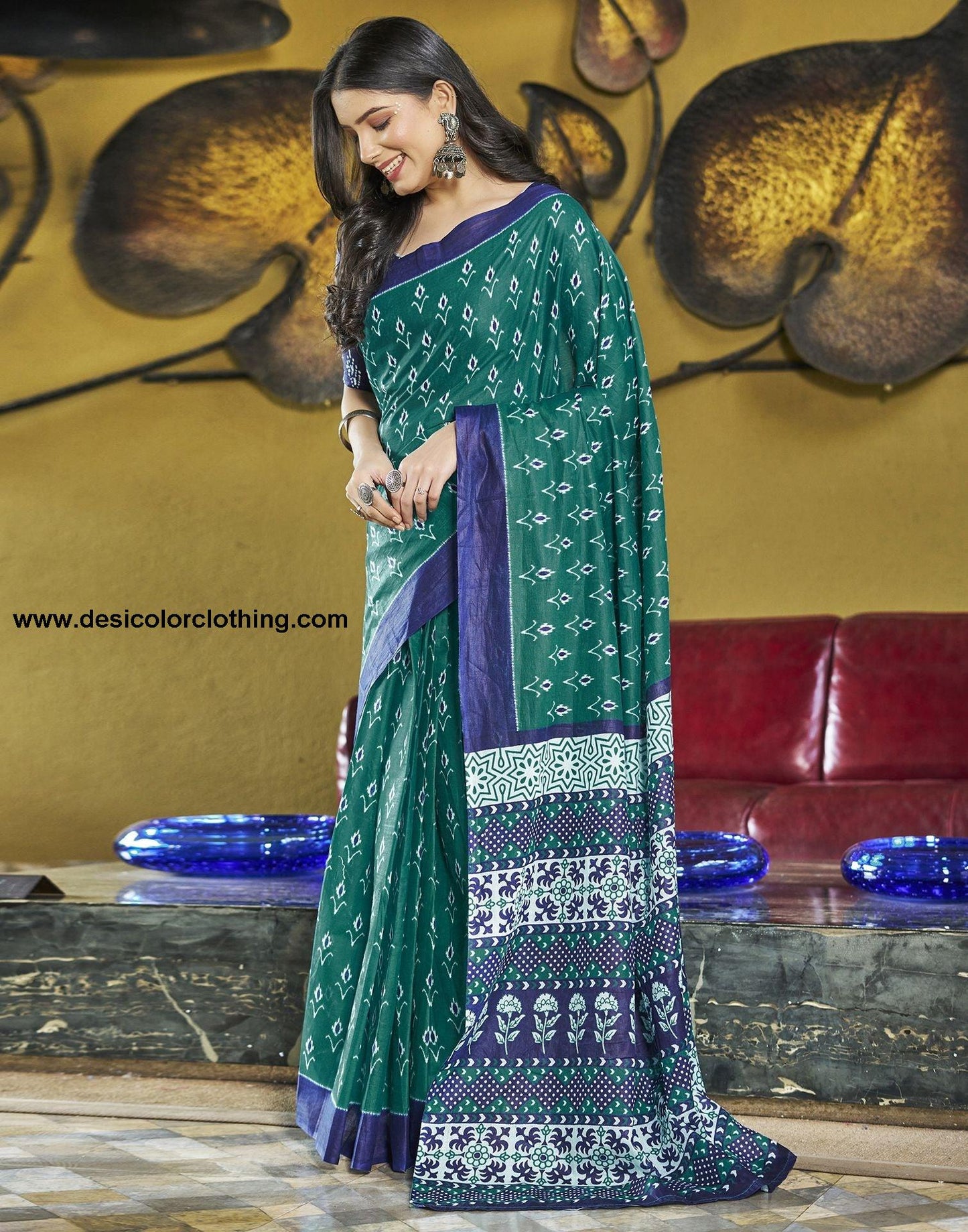 Rama Green Printed Cotton Pre-draped Saree