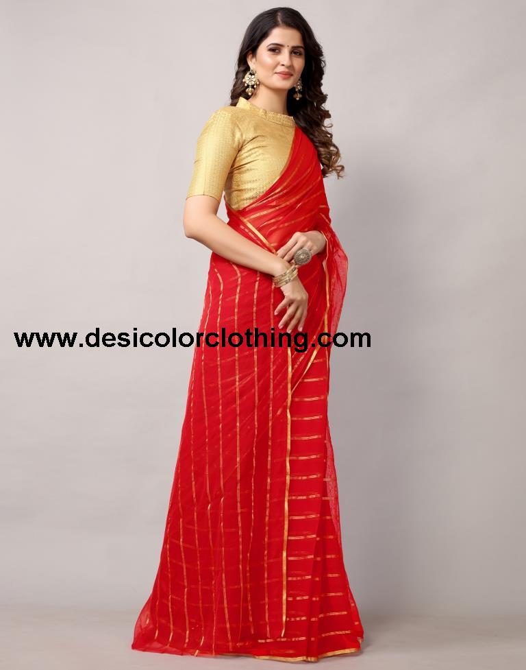 Red Plain Chiffon Saree