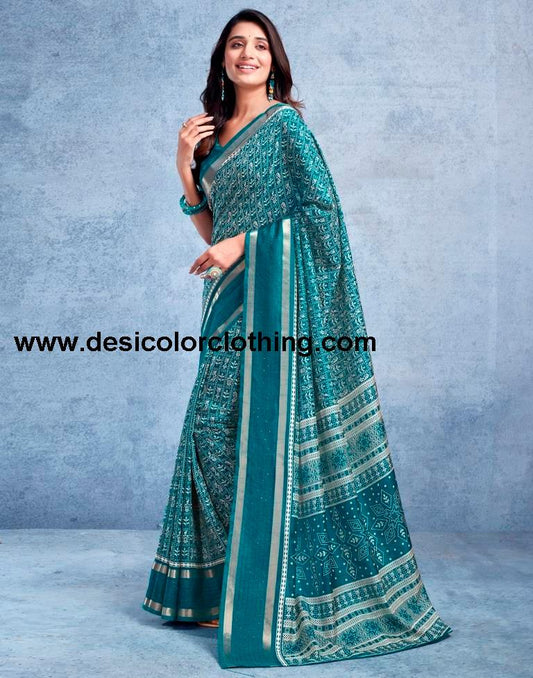 Teal Blue Silk Printed  Saree