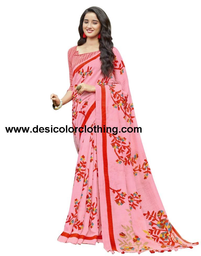 Pink Coloured Poly Cotton Printed Partywear saree