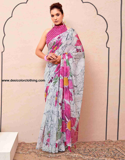 White Cotton Printed Saree