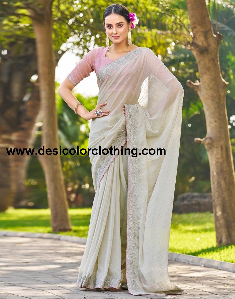 Dusty Light Green Georgette Embroidery Saree