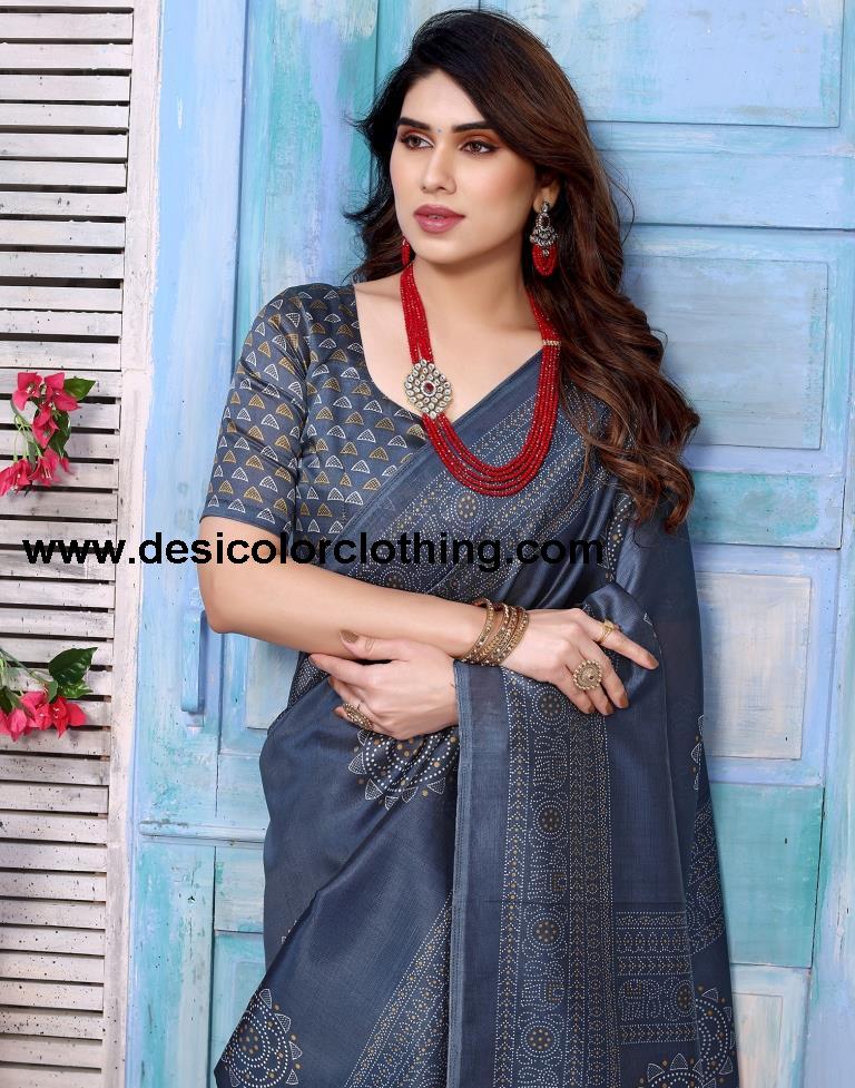 Steel Grey Silk Bandhani Printed Saree