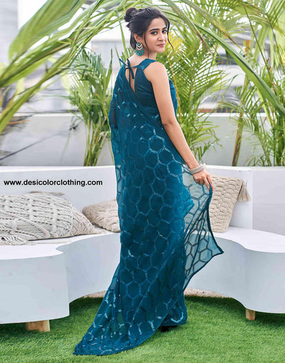 Rama Blue Georgette Sequence Saree