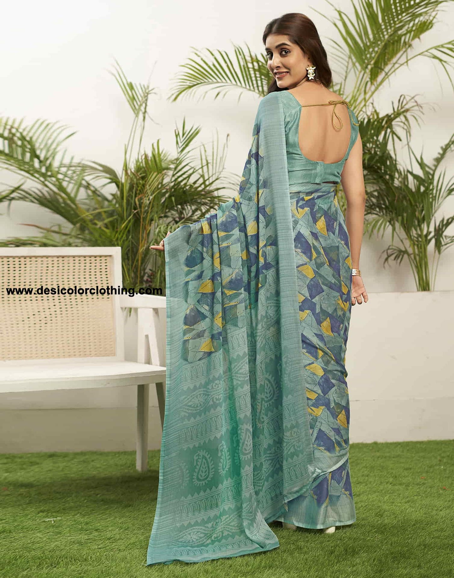 Turquoise Chiffon Printed Saree