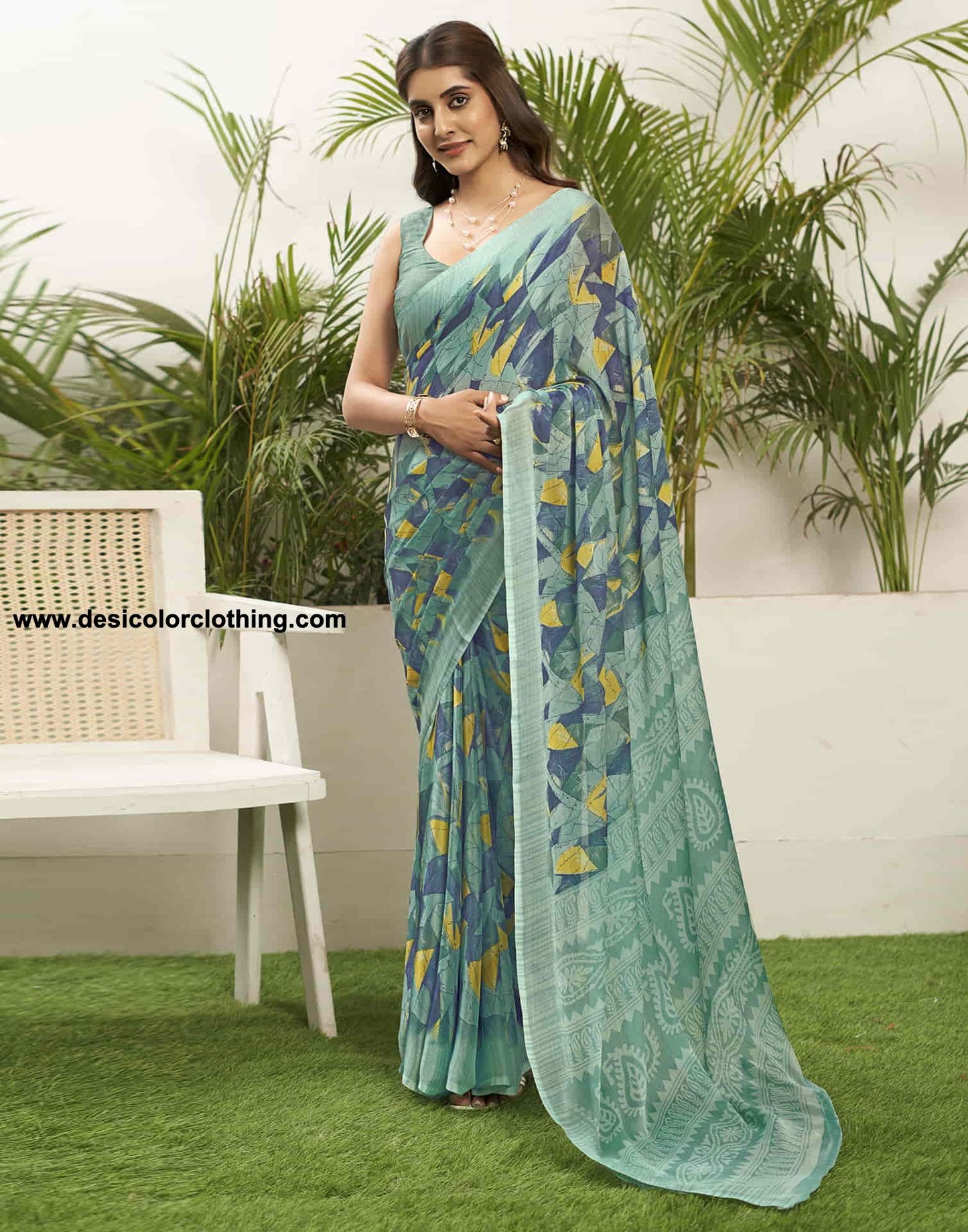 Turquoise Chiffon Printed Saree