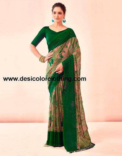 Dark Green Printed Georgette Saree