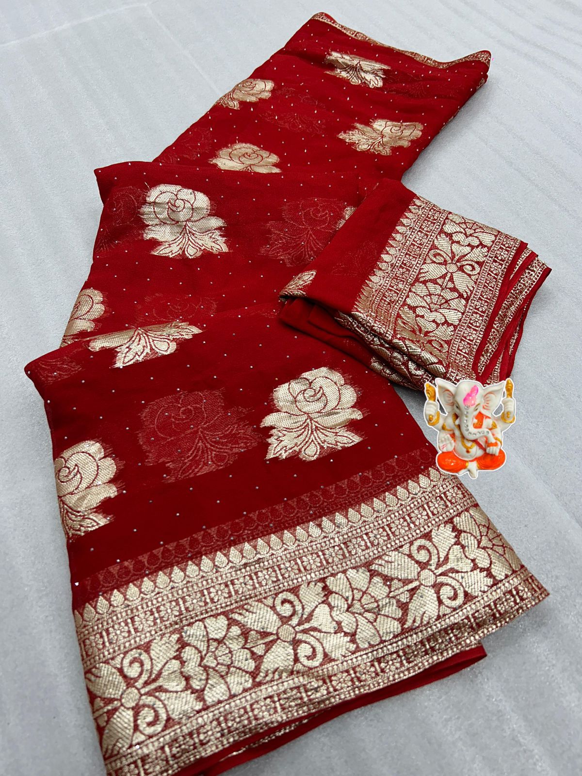 Product Image - Exquisite Blood Red Designer Saree with Viscose Zari Weaving and Diamond Work - Perfect Festive Wear