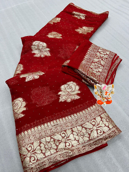 Product Image - Exquisite Blood Red Designer Saree with Viscose Zari Weaving and Diamond Work - Perfect Festive Wear