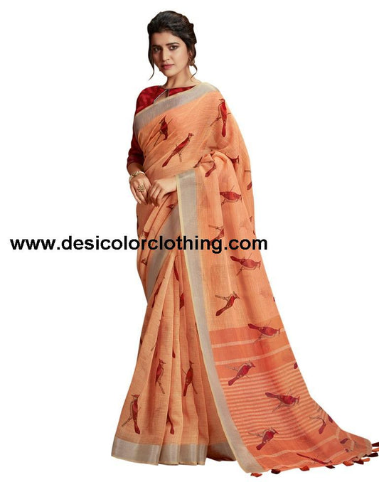 Peach Coloured Poly Cotton Printed Partywear saree