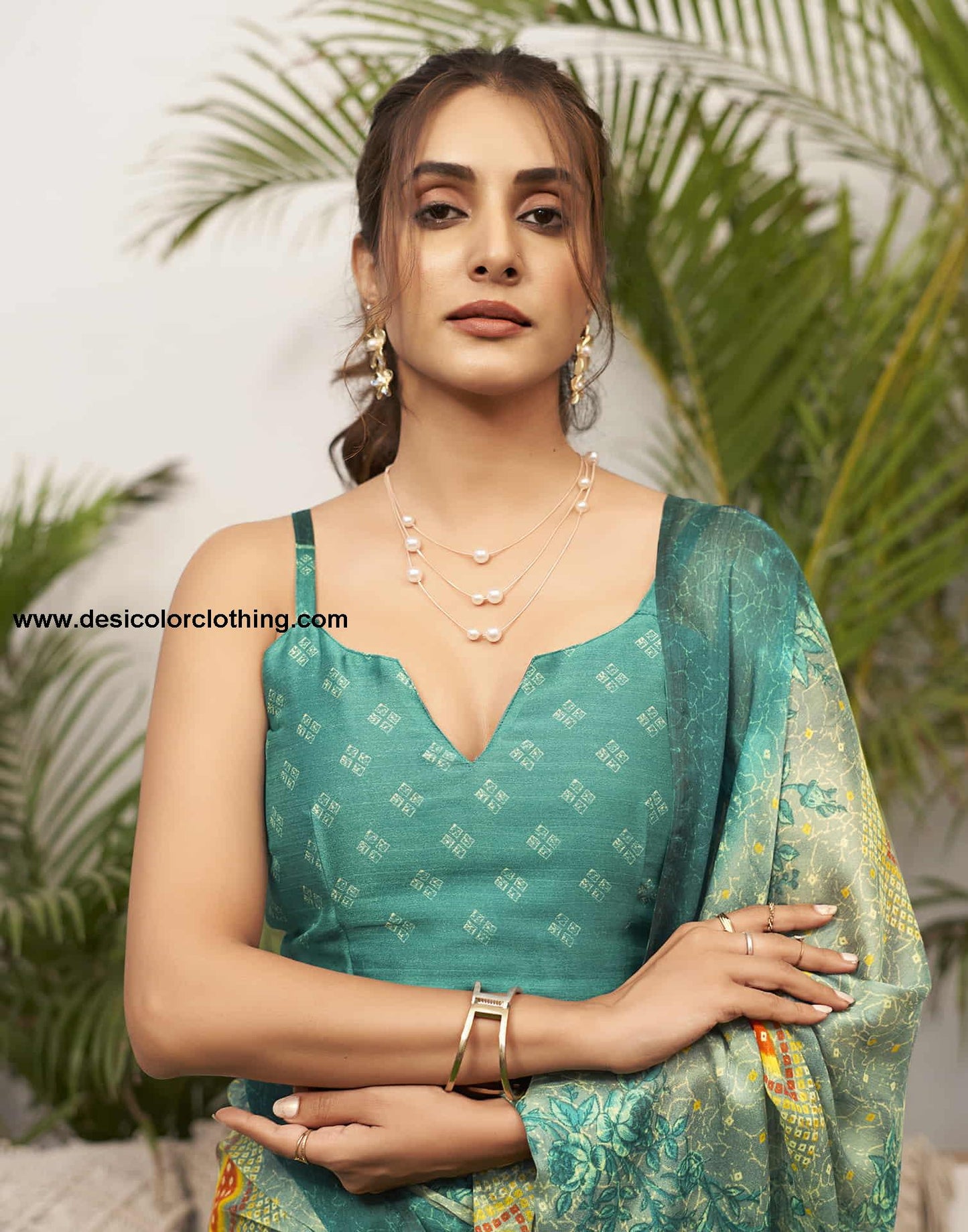 Dark Teal Green Chiffon Bandhani Printed Saree