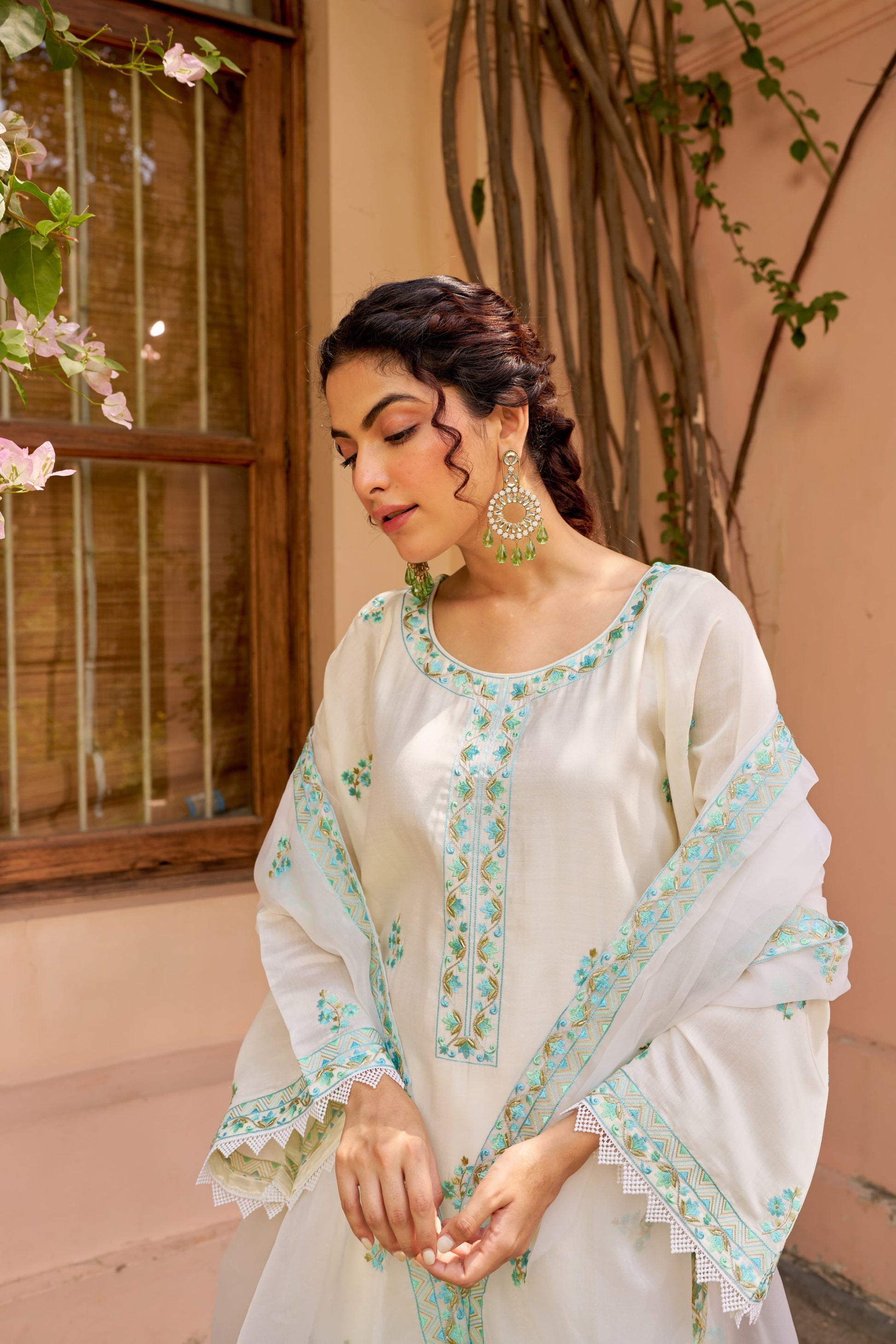 Product Image - AKSHARA: Ivory White Chanderi Embroidered Suit Set