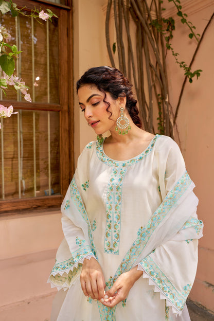 Product Image - AKSHARA: Ivory White Chanderi Embroidered Suit Set